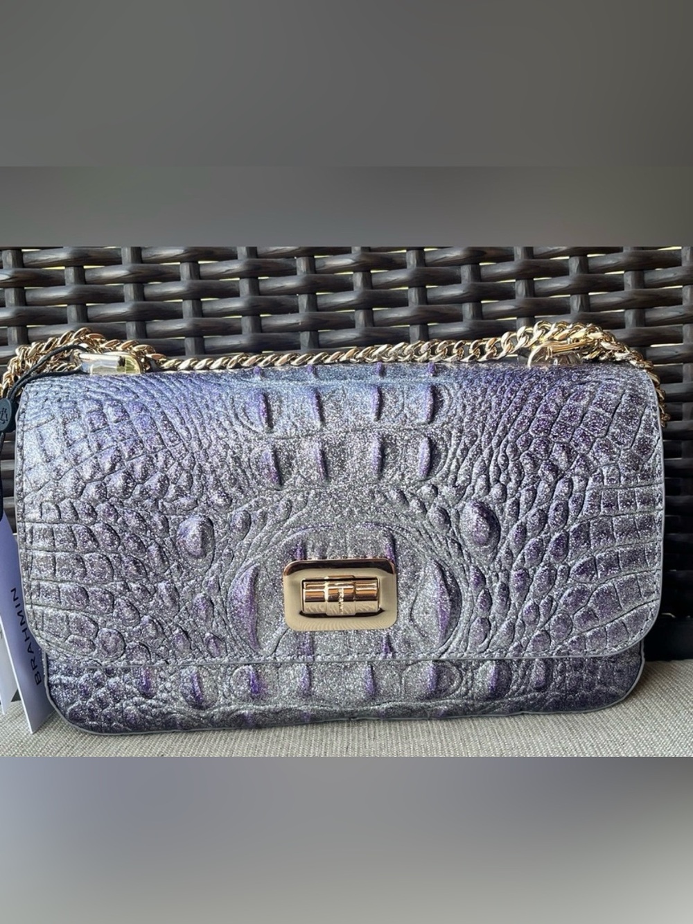 NWT Brahmin ROSA in PURPLE GLITTER Convertible Chain & Leather Strap Bag